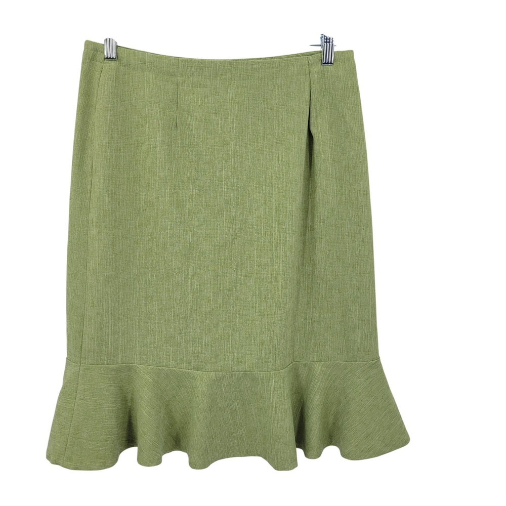 Vtg Coquette Sage Green Flounce Ruffle Hem Trumpet Skirt Sz 10 Textured Career